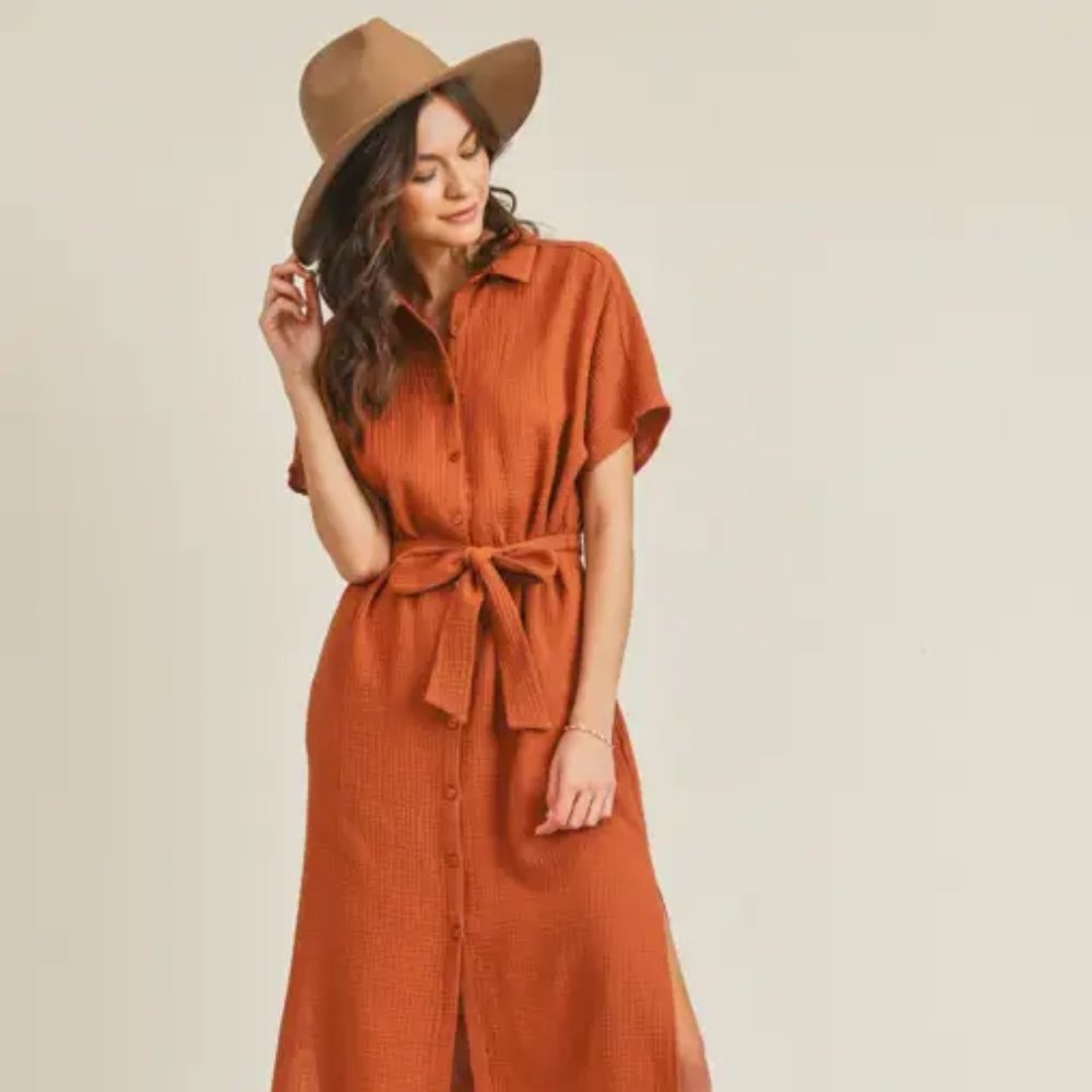 Short Sleeve Button Up Tie Waist Midi Dress